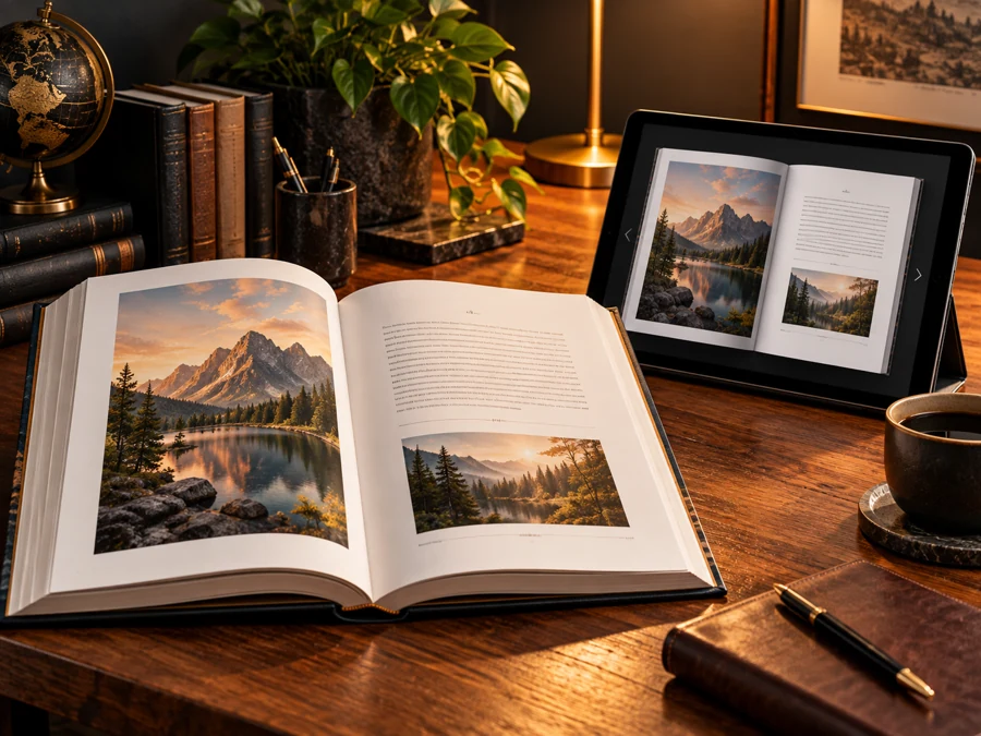 Printed book next to a tablet displaying a digital flipbook