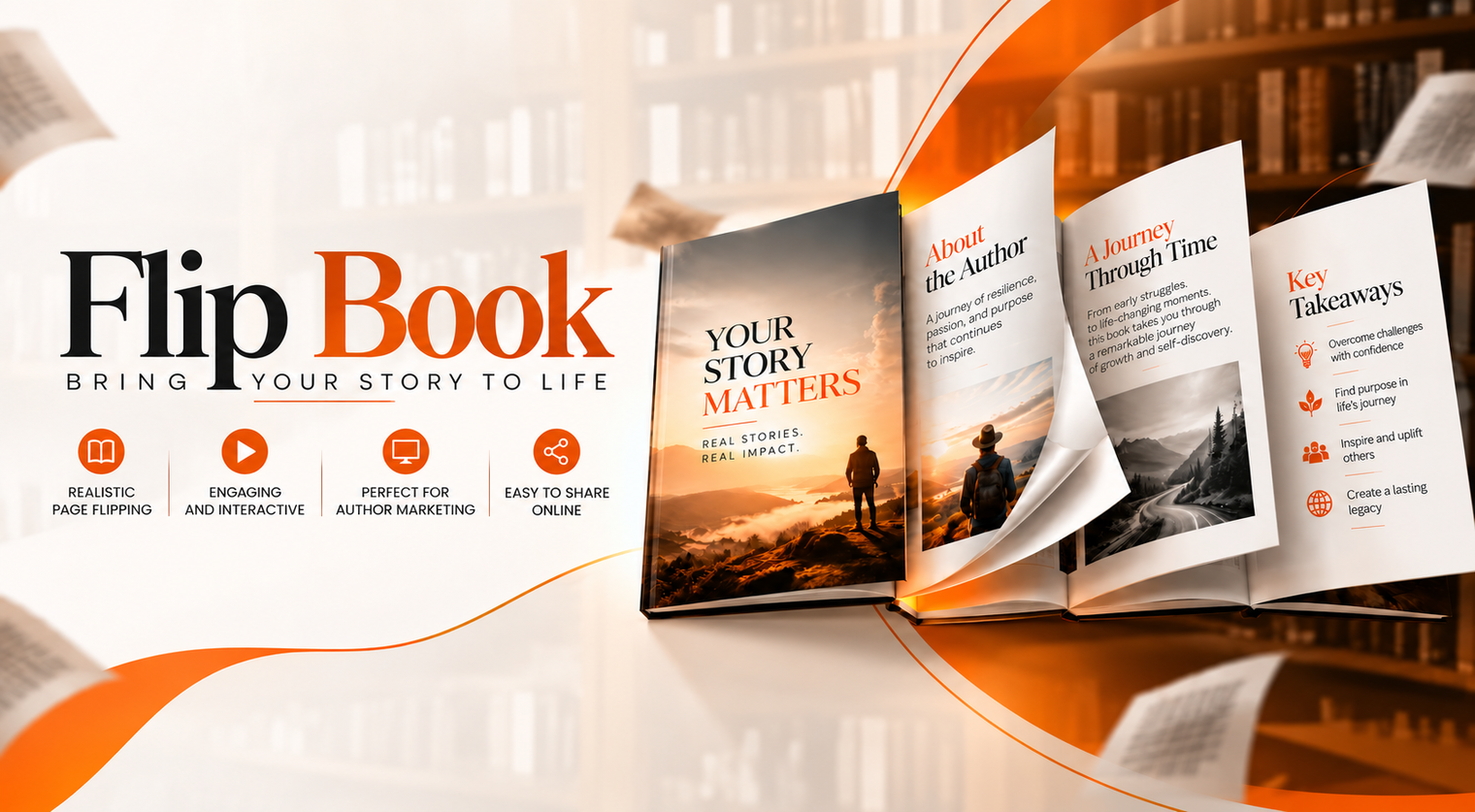 Flipbook presentation with a turning page and four service benefits